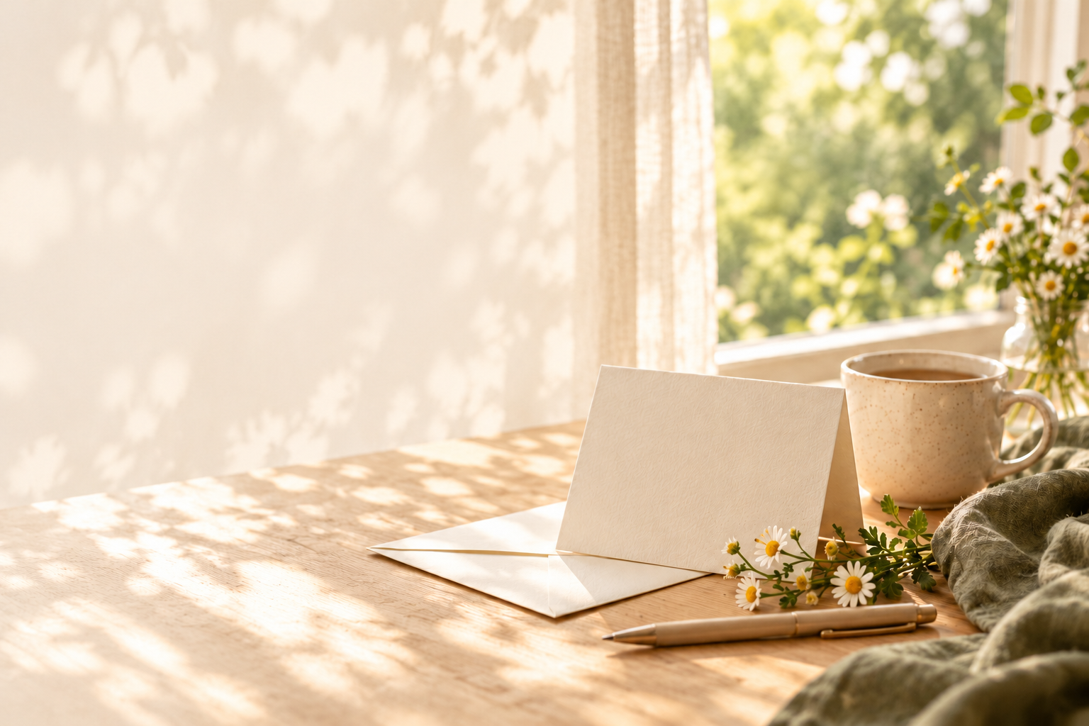 Blank card and daisies by window